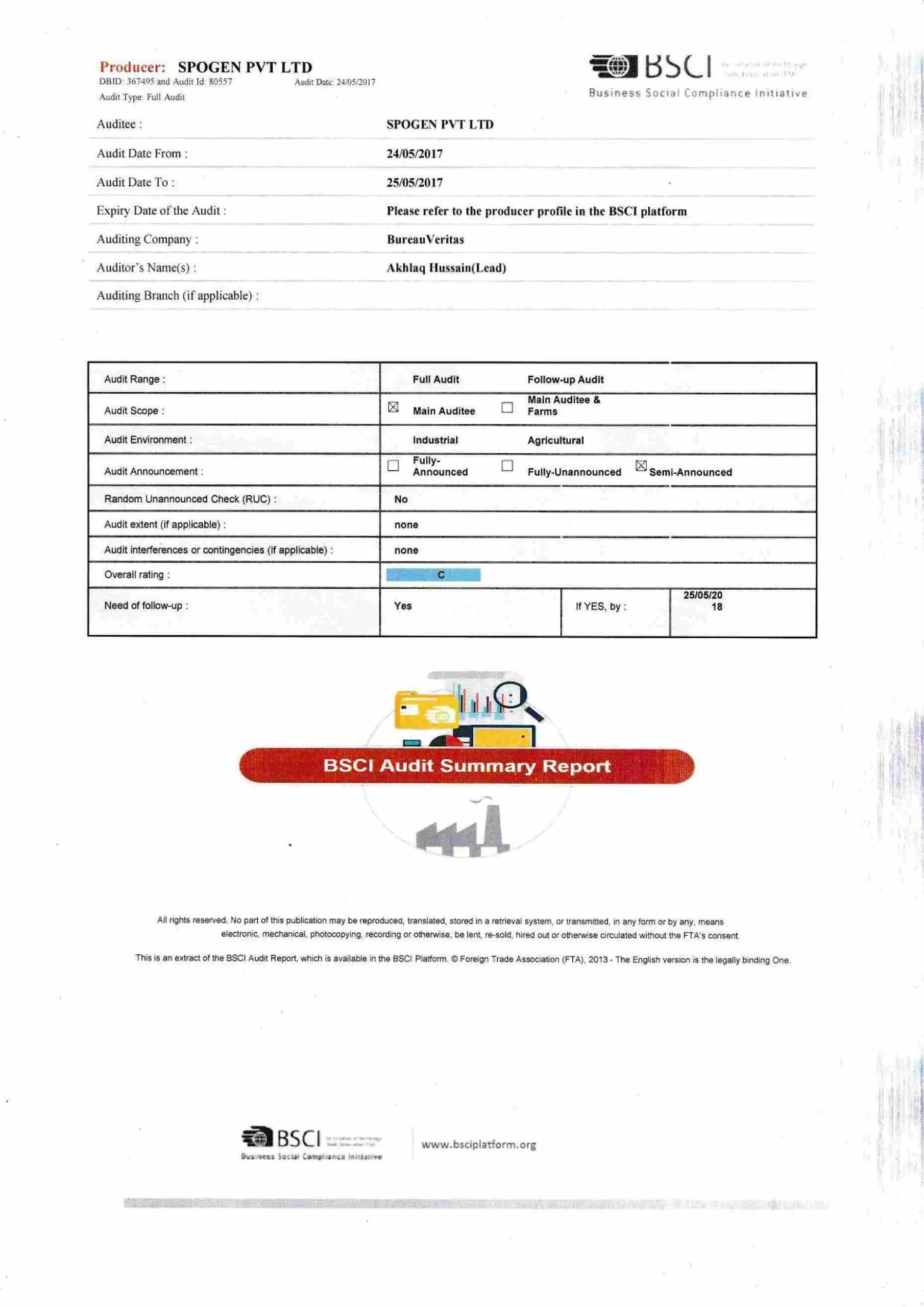 Spogen BSCI social compliance certificate