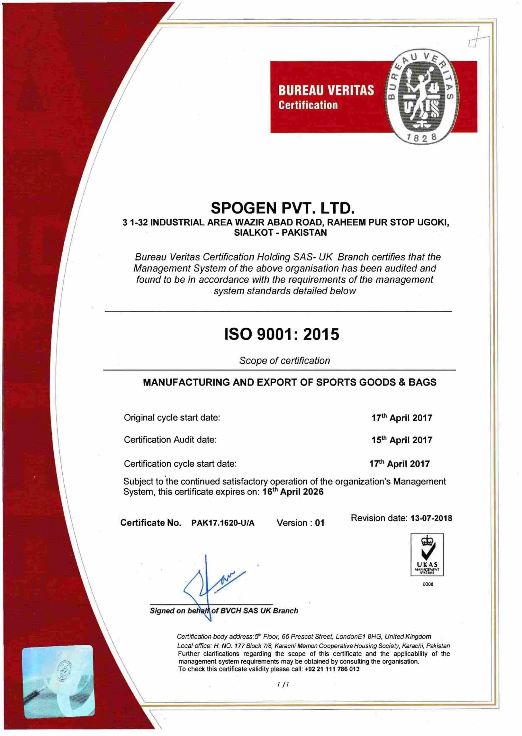 Spogen OHSAS 18001 occupational health and safety certificate